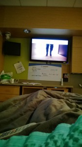 Finally out of the ER and up in ICU - my usual room, as you can see. For those wondering, the little monitor to the left of the TV is for continual monitoring throughout all Swedish systems and also used for conferences.